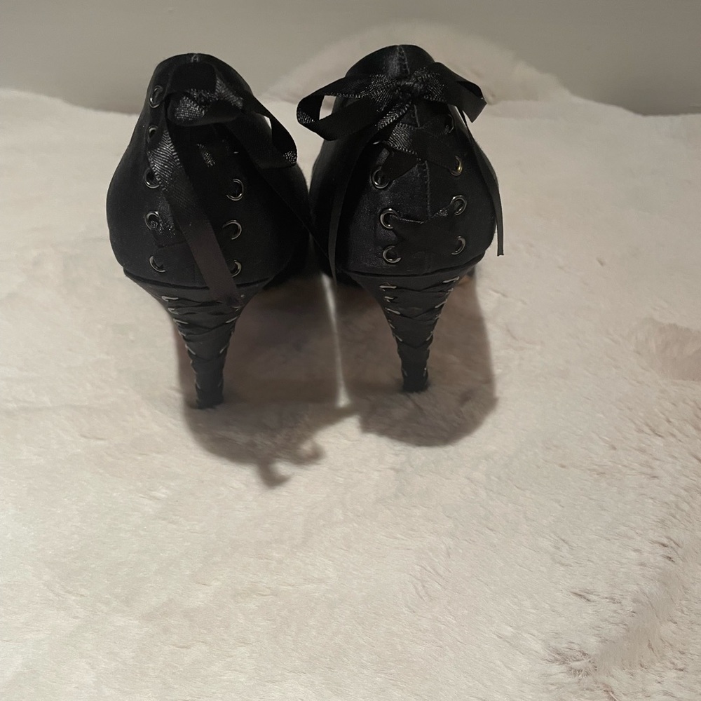 BCBG MaxAzria Anya Black Satin Peep Toe Heels